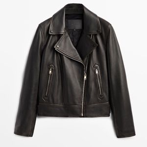 Massimo dutti BLACK NAPPA LEATHER BIKER JACKET WITH ZIPS